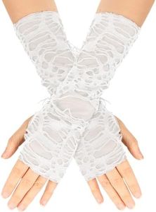 RainFlowwer Punk Ripped Fingerless Gloves – Gothic Arm Warmers for Women & Men | Edgy Cosplay Accessories (White)