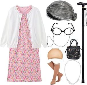 EBYTOP 100 Days of School Costume for Kids 100th Day Halloween Old Lady Costume Dress up Granny Wig Grandma Glasses Cane,2-WH 4-6 Years