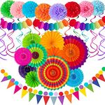 33 Pcs Party Decoration Kit, Colorful Fiesta Party Supplies Hanging Paper Fans Pompoms, Rainbow Party Decorations, Hanging Swirls, Triangle Bunting Flags for Birthday Wedding Mexican Party Decor