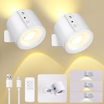 Roshin 2 Pack LED Wall Lights with USB Port - Battery Operated Wall Lights with 3 Color Temperatures & 3 Brightness - 360° Illumination Night Light for Bedroom (White)