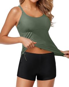 Yonique Two Piece Tankini Swimsuits for Women with Shorts Athletic Bathing Suits Tummy Control Swimwear Army Green L