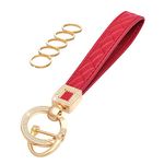 OHKYOOT Microfiber Leather Wristlet Keychain,Key Chain Holder Car Keys Keychain with 5 Key Ring and Anti-Lost D Ring (Red Gold)