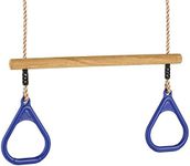 Rebo® Children’s Gymnastic Trapeze Bar with Gym Rings - Blue | OutdoorToys | Wooden and Plastic Replacement Trapeze Set for Kids Swing Sets and Climbing Frames