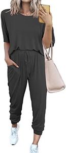 PRETTYGARDEN Women's Two Piece Outfit Short Sleeve Pullover with Drawstring Long Pants Tracksuit Jogger Set (Dark Grey,Large)