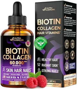 NUTRAHARMONY Liquid Collagen and Biotin - Hair Growth Drops for Women & Men - Extra Strength 60000 mcg - Vitamin B7 Supplement - Strong Nails & Healthy Skin - 98% Faster Absorption Than Pills