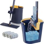 YMCF Products Flat Floor Mop and Bucket Set with Hands-Free and Self-Wringing | Mop for Floor Cleaning, Floor Mop with Reusable Microfiber Mop Pad, for Hardwood, Laminate and Tile Floors, (Navy)