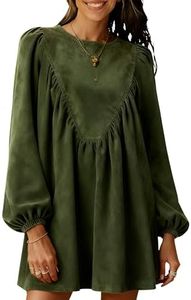 Huaqiao Womens A-Line Faux Suede Peplum Pleated Babydoll Mini Dress Casual Long Sleeves Crew Neck Swing Dress(ArmyGreen-M)