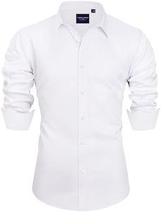 Alimens & Gentle Men's Dress Shirts Long Sleeve Stretch Wrinkle-Free Solid Business Formal Casual Button Down Shirt, White