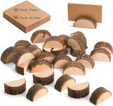 Tebery 50 Set Rustic Wood Place Card Holders in Semicircle Shape Wooden Bark Memo Holder Stand Card Photo Picture Note Clip Holders (50 Holders +50 Kraft Paper)