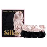 SILKIE x2 Set 100% Pure Mulberry Silk Pink Black Large Oversized Scrunchies Silk Travel Pouch Hair Ties Elastics Hair Care Premium Ponytail Holder No Damage