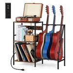 Vrisa Guitar Stand, Electric Guitar Accessories with 3 USB Ports and 2 AC Outlets Guitar Stands Floor with Guitar Pick Holder Multifunctional Guitar Rack for Guitar Amp Picks Accessories, Rustic Brown