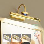 Bridika Picture Light Battery Operated, 13.8in Picture Lights for Wall, 3 Colors & Brightness Dimmable, Rechargeable Art Light for Paintings Photo Dartboard Gallery Bedroom Bathroom Gold