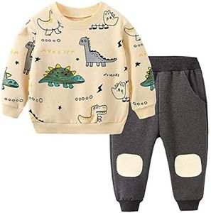 Toddler Baby Boy Clothing Sets Little Dinosaur Printed Long Sleeve Tops and Pants Kids 2pcs Outfits, 3-apricot, 3-4 Years