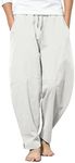 COOFANDY Men Casual Cotton Linen Loose Pant Elastic Waist Drawstring Harem Pants White