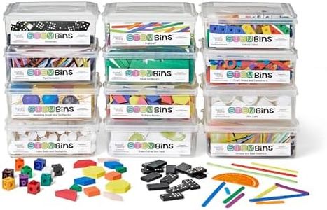 hand2mind STEM Bins Kit by Teach Outside The Box for Kids (Set of 12) - 18 Different Manipulatives, 8 Challenge Yourself Cards, 8 Writing Prompt Cards, and Teacher Guide