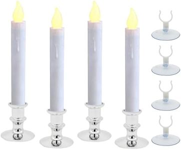 CVHOMEDECO. Window Candles with Suction Cups, Battery Operated LED Taper, Auto On/Off, Removable Silver Base, Flickering Warm Orange Flameless Lights Decor. (4 Pack)