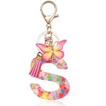 OSDUE Fashion Alphabet Initial Letter Keychain, Women Tassel Butterfly Pink Purple Cute Car Keyrin, Pink and Gold Resin Alphabet Keychain, Tassel Butterfly Pendant Key Ring for Wallet (J)