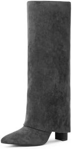 Modatope Knee High Grey Shark Boots for Women Grey Suede Fold Over Knee High Boots Chunky Heel Pointed Toe Long Boots Zipper Tall Grey Suede Boots Size 8.5