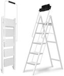 Double Elite Step Ladder 5 Step Folding with Handrails, Safer 5 Step Ladders for Home, Convenient Folding Step Stool with Tool Bag, Sturdy Indoor/Outdoor Ladder for Adults Anti-Slip Pedals, White
