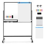 COSTWAY Double Sided Magnetic Whiteboard, Mobile Reversible Dry Erase Board with Black Markers, Eraser, Magnets & Marker Tray, Height Adjustable Standing White Board (120 x 80cm, Black)