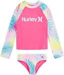 Hurley Girls Long Sleeve Rash Guard 2-Piece Swimsuit, Pink Punch, 6X