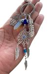 BLUE BEADS New Trending Blue Evil Eye Lucky Hamsa Leaf with Dream catcher Car Hanging Key Chain Key Ring | Metal