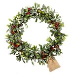 16" Pre Lit Christmas Wreath Mistletoe Berries Green Leaves Battery Operated LEDs