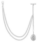 ManChDa Pocket Watch Chains for Men - Pocket Watch Chain with Locket Pendant, Pocket Watch and Chain, Albert Chain Curb Link T-Bar Chain 2 Hook Antique Fob T Bar for Men Silver