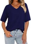 PRETTYGARDEN Women's Summer Short Sleeve Sweater Tops 2025 Dressy Casual Blouse Knit Pullover V Neck Trendy Eyelet Shirts (Dark Royal Blue,Medium)