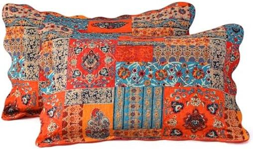 Qucover Conjunto de 2 Fundas de Almohada,Microfibra y Algodón Cepillado, Estampado Multicolor Rojo Rosa Naranja, Diseño de Parches, Funda de Almohada de 50x75 cm con Patrón de Flores Coloridas