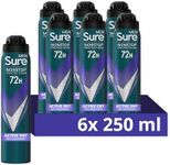 Sure Men Nonstop Protection Active Dry Antiperspirant Deodorant with Body Heat Activated technology Spray for 72-hour odour and sweat protection 6x 250 ml
