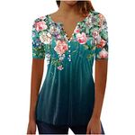 MRGIINR Valentines Gift Box Women Tops UK V Neck Button Down Henley Vintage Floral Graphic Short Sleeve Pleated Hide Belly Loose Fit Oversized Dressy Casual Tunic Shirts Mothers Day Gifts For Grandma