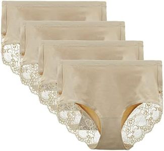 LIQQY Women's 4 Pack Combed Cotton Breathable High Rise Lace Full Coverage Brief Panty Underwear (Medium, Nude)