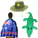 I LOVE FANCY DRESS Australia Day Costume Set - Aussie Flag + Australian Cork Hat w/Yellow Kangaroo Print + Inflatable Crocodile