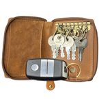 RUSTIC TOWN Smart Key Organizer, Cognac Full Grain Leather Compact Key Pouch Leather/Card Holder - Zipper Around Closure Pouch for Men and Women Gifts