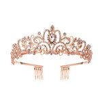 Tiara Crown Crystal Rhinestone Bridal Princess Headband with Comb for Women (Rose Gold)