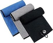 Golf Towels,3 Pack Tri-fold Golf Towel for Golf Bags with Carabiner Clip, Premium Microfiber Waffle Pattern Golf Towel for Men Women (Black/Gray/Blue)