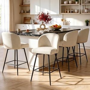 VATROS Counter Height Bar Stools Set of 4, 360° Swivel Upholstered Barstools with Backs and Metal Legs, 26" H Seat Height, Linen Fabric in Beige