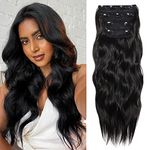 FAELBATY 4PCS Clip in Hair Extensions Long Wave 20" Double Weft Thick Hairpieces Black Hair Extensions Synthetic Fiber Hair for Women (2#)