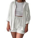 2 Piece Outfits Women Summer Muslin Blouse Shirt Shorts Two Piece Outfit Co Ord Sets Ladies Loun ge Wear Sets Leisure Suits Track Suits Aesthetic Clothes Going Out Holiday Beach Outfit Co (White-A, M)