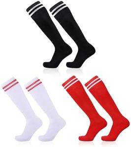 SKHAOVS 3 Pairs Kids Football Socks, Boys Girls Soccer Socks Sports Socks Trainer Socks Breathable Running Socks Hockey Rugby Socks, Childrens Long Football Socks for Aged 5-12, White,Black,Red, 5-12 Years