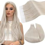 Ugeat Human Hair Extensions Tape in 24inch Tape in Extensions Remy Human Hair Long Seamless Glue in Hair White Blonde #60A Color 50Gram/20PCS Tape in Blonde Hair Extensions Real Remy Hair