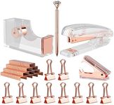 KIDMEN Rosegold Desk Accessory Kit,Set of Stapler, Staple Remover,1000pcs Staples,Tape Dispenser,Big Diamond Ballpoint Pen and 10pcs Binder Clips