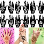 Konsait Pack Of 12 Sheets Henna Tattoo Stencil Templates Henna Hand Temporary Tattoo Kit, Indian Arabian Self Adhesive Tattoo Sticker for Hand Body Art Paint for Adults Women Teenager Girls