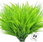 22 Bundles Artificial Plants Outdoor, Artificial Ferns Outdoor Fake Plants UV Resistant , Outdoor Artificial Flowers Plastic Fake Faux Plants Shrubs for Home Porch Garden Yard Window Box (Green)