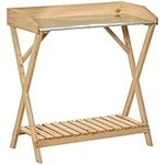 Outsunny Garden Potting Bench Table, Wooden Work Station, Outdoor Planting Workbench w/Galvanized Metal Tabletop and Storage Shelf