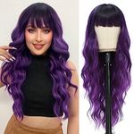 NAYOO Long Purple Wigs with Bangs for Women Curly Wavy Hair Wigs Heat Resistant Synthetic Fiber Wigs for Daily Party Use 26 Inches (Ombre Purple)