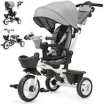 JMMD Baby Trike, 6-in-1 Kids Tricycle with Adjustable Push Handle, Removable Canopy, Safety Harness for 18 Months - 5 Year Old, Gray