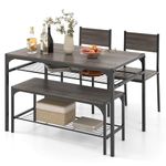 TANGZON Dining Table and 2 Chairs with Bench, Wooden Kitchen Table and Chairs Set of 4 with 2 Storage Racks, Metal Frame Dining Room Sets Furniture for Home Living Room Restaurant (Grey Oak)