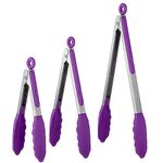 U-Taste 250℃ Heat Resistant Kitchen Tongs Set of 3, 18/8 Stainless Steel Grill Food Tongs with Non-Stick Silicone Tips & Handles for Cooking, BBQ, 18/23/30 cm (Purple)